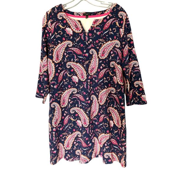 Talbots Paisley Cotton Shift Dress Women’s LP Knee Length Navy Pink 3/4 Sleeve - Picture 1 of 5